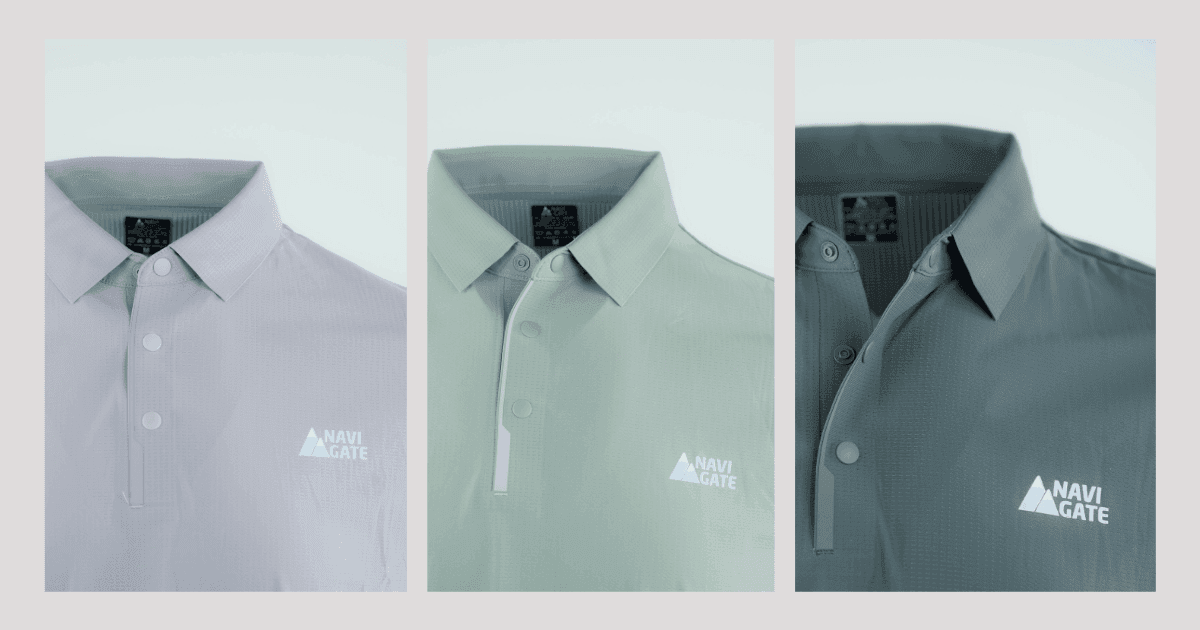 Three Navigate Clothing men's performance polo shirts in pastel grey, sage green, and charcoal black, featuring the NAVIGATE logo – moisture-wicking and minimalist design."
