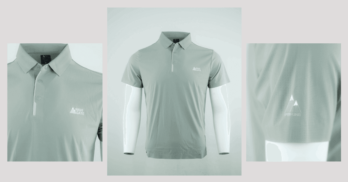 "Light sage green men’s performance polo shirt by Navigate Clothing, featuring NAVIGATE logo on the chest and mountain emblem with 'Find Limit' on the sleeve – lightweight, breathable, and perfect for active wear."
