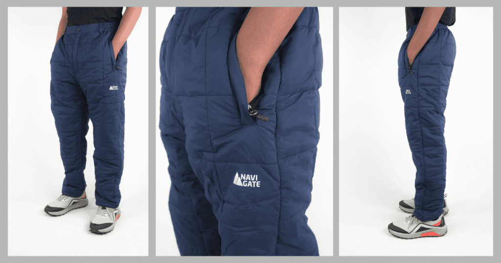 A man wearing the navy blue Navigate PrimaLoft insulated trousers, with front, side, and pocket detail views.